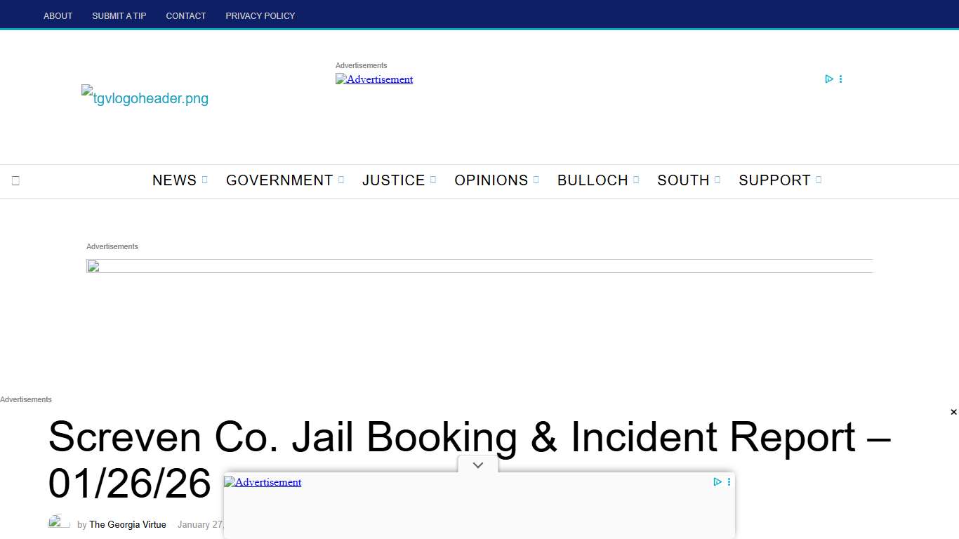 Screven Co. Jail Booking & Incident Report – 01/26/26 • The Georgia Virtue